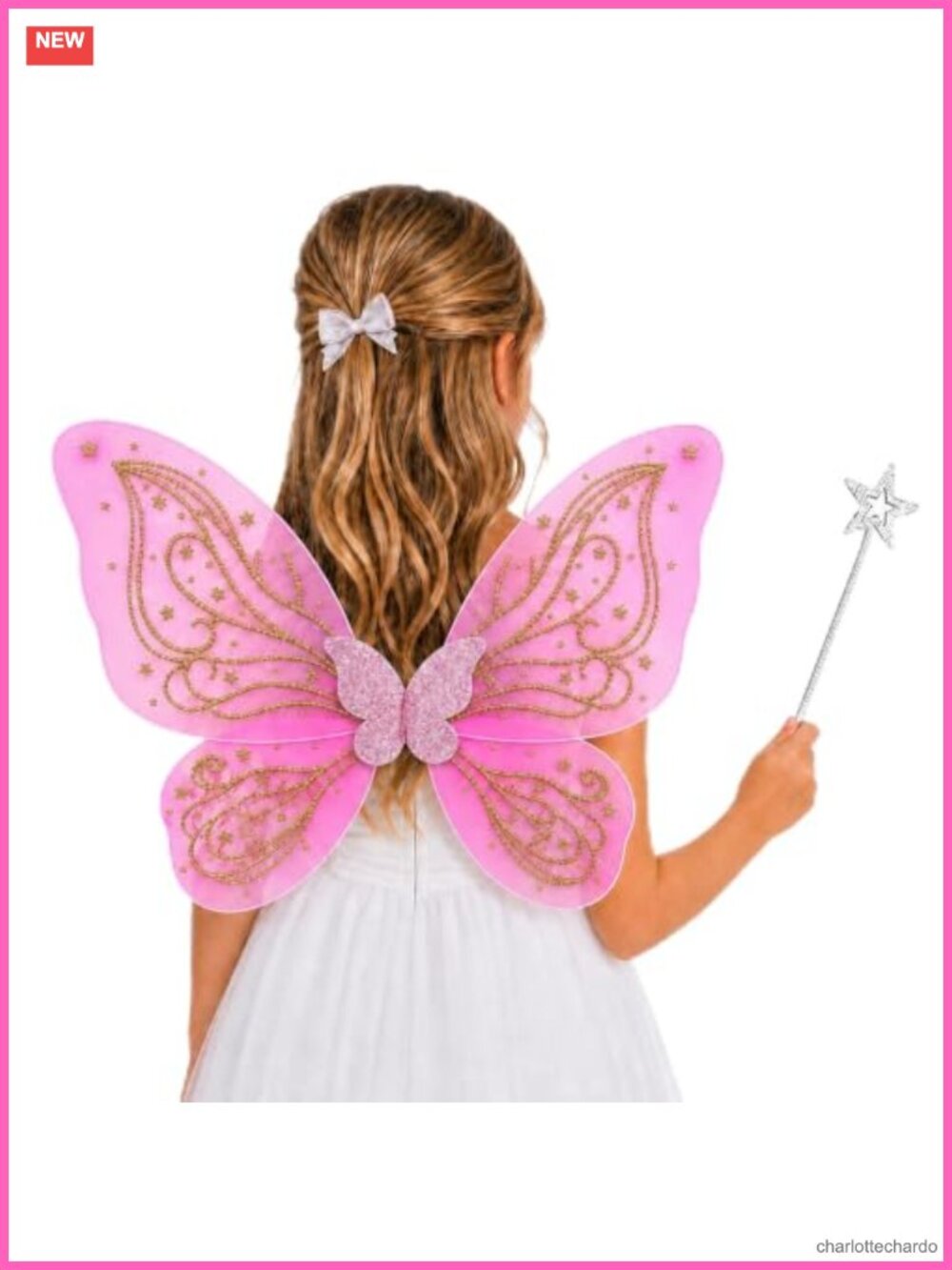 Butterfly Fairy Wings Kids Costume with Gold Star Patterns and Wand